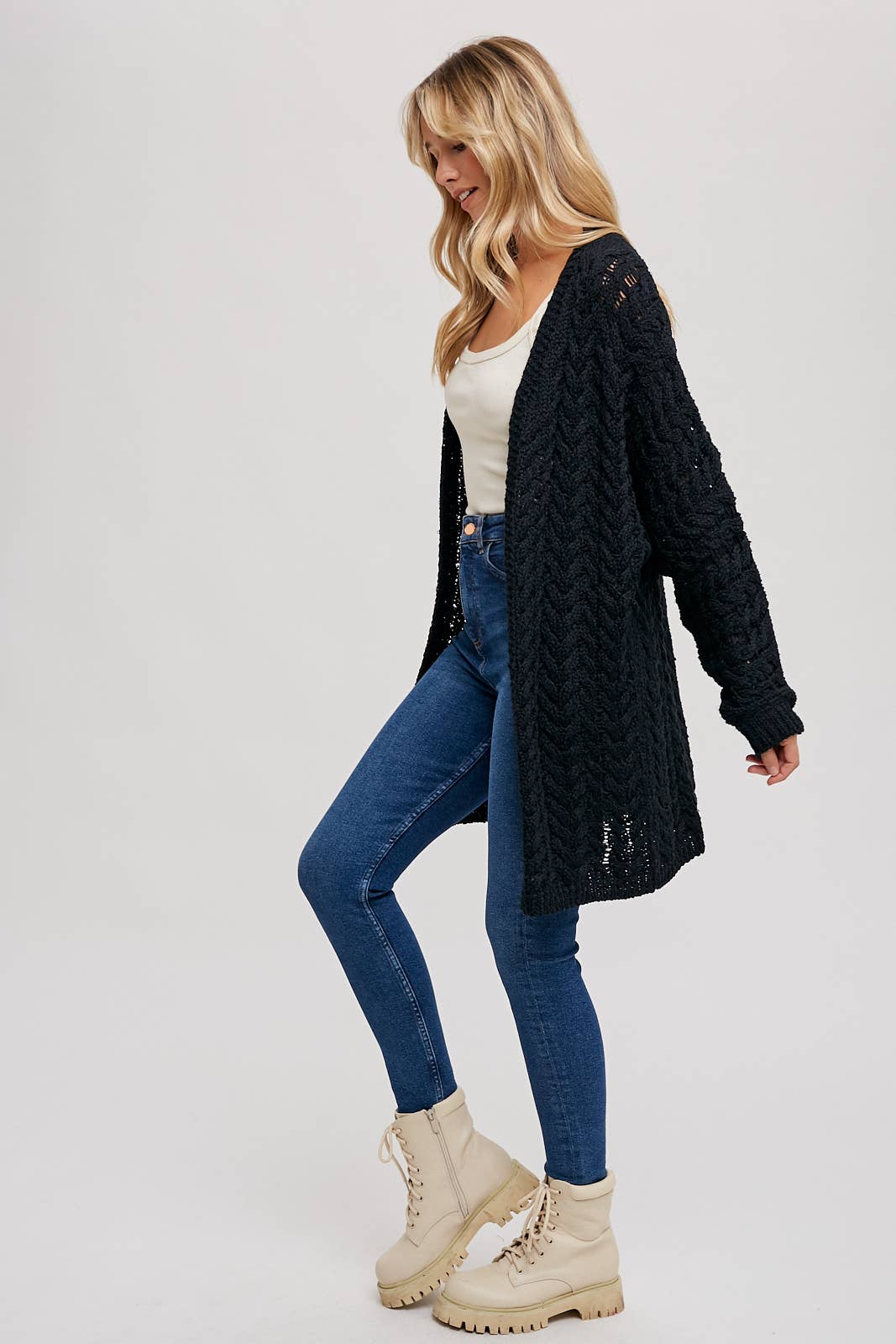 Cable Sweater Knit Cardigan: Black