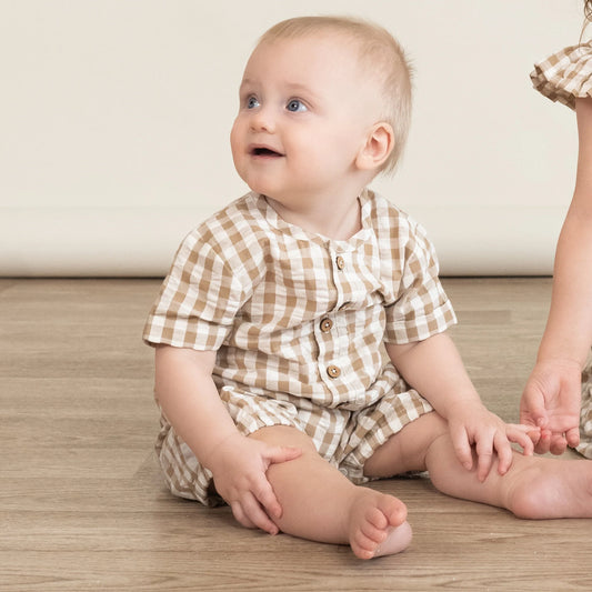 Organic Bubble Romper - Brown Checkered