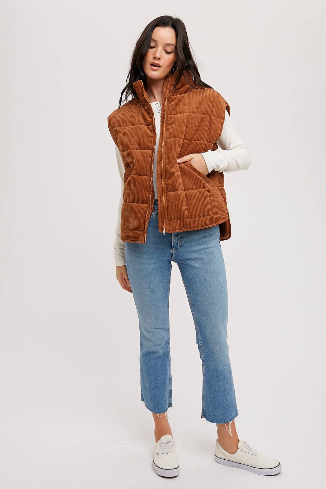 Corduroy Quilted Puffer Vest: Camel