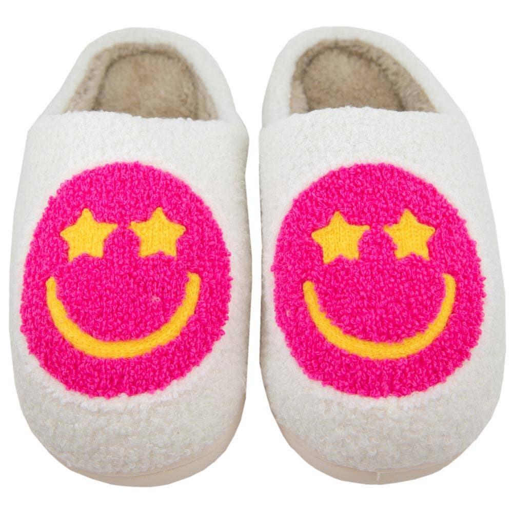 Star Eyed Happy Face Slippers - White/Hot Pink