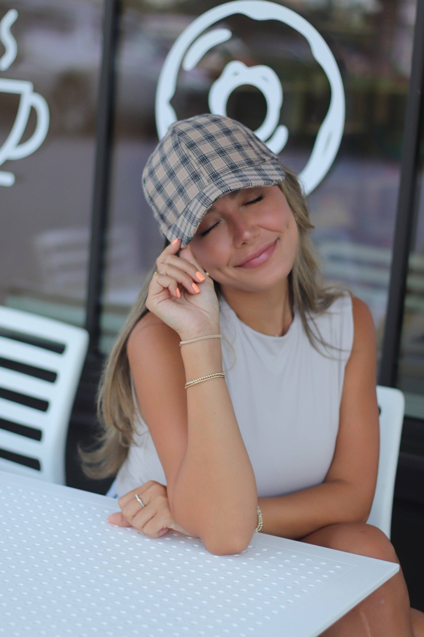 Baseball Hat - Beige/Black Plaid