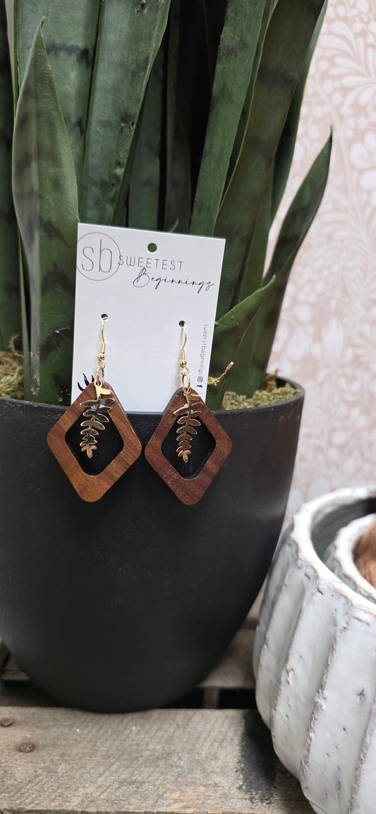 Leaf Geometric Dangle Earrings - Gold Wood