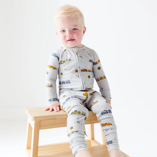 Ribbed Zip Romper - Trains