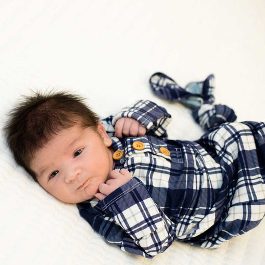 Knotted baby gown - Blue Plaid