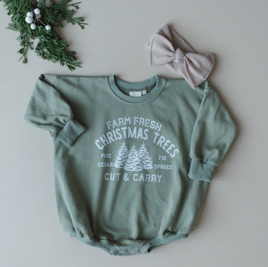 Fresh Christmas Trees Sweatshirt Romper - Sage