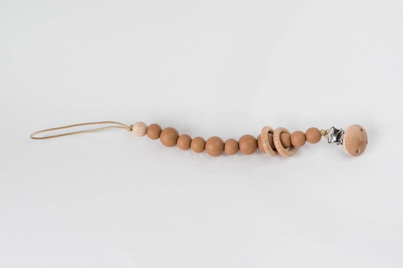 Silicone Bead & Wood Ring Pacifier Clip - Clay