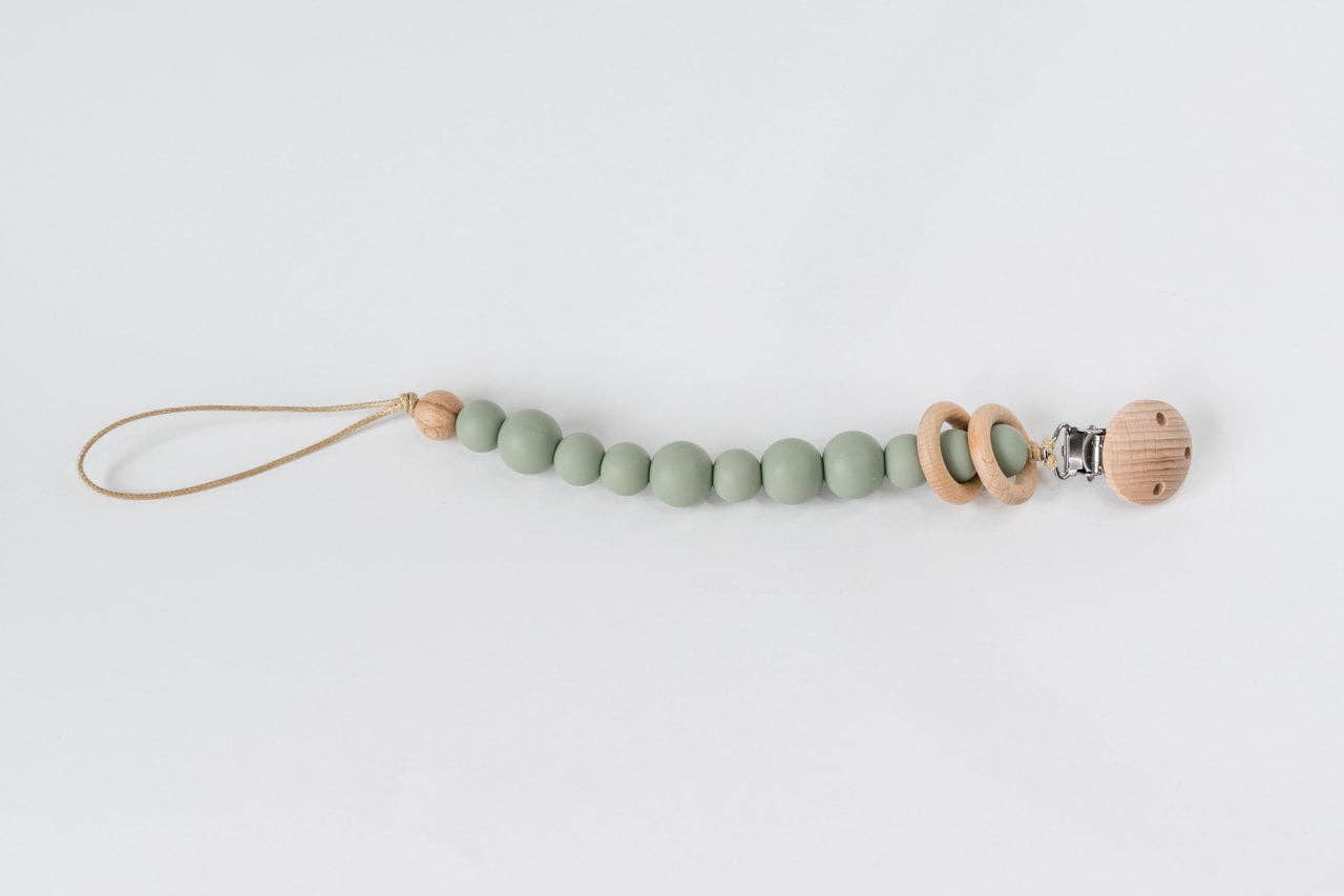 Silicone Bead & Wood Ring Pacifier Clip - Sage