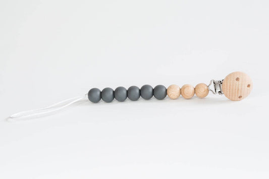 Beaded Wood & Silicone Pacifier Clip - Charcoal