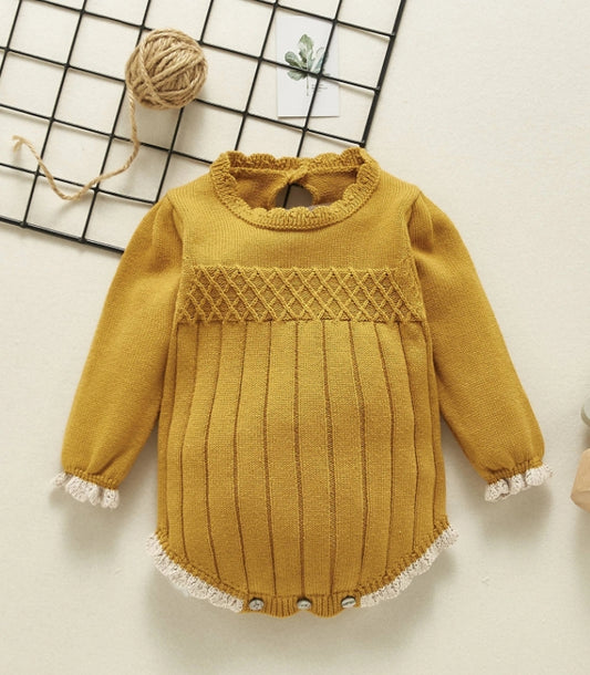 Frill Lace Trim Knit Bodysuit - Mustard