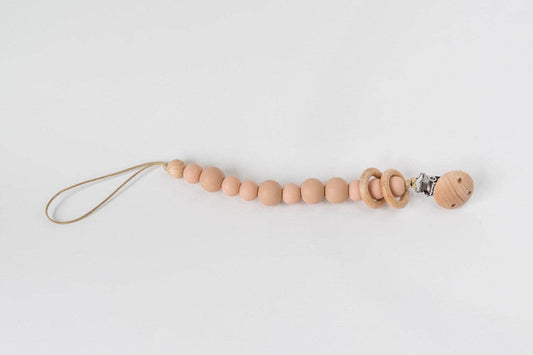 Silicone Bead & Wood Ring Pacifier Clip - Apricot