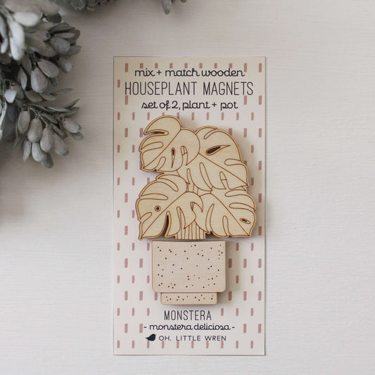 monstera wooden houseplants pair of magnets