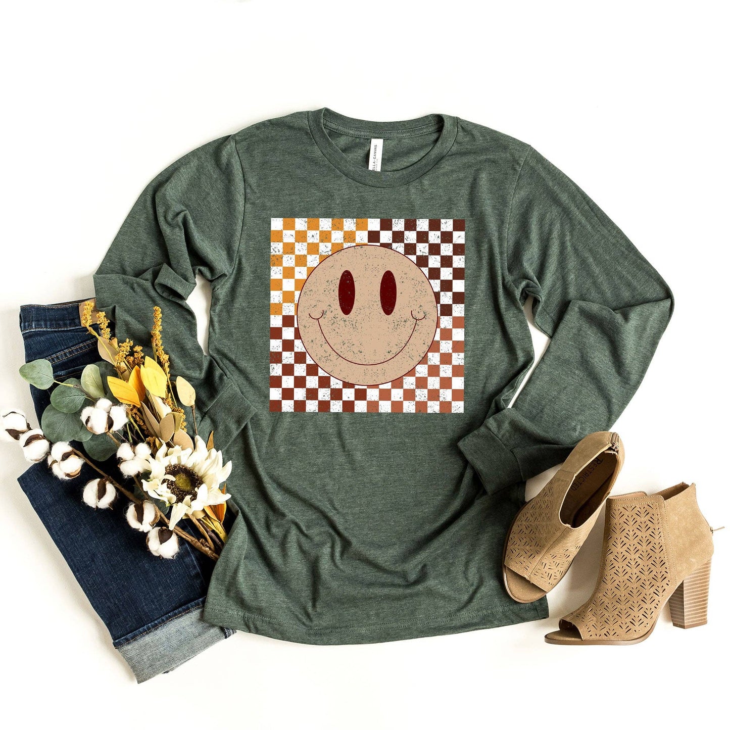 Long Sleeve Fall Checkered Smiley Tee