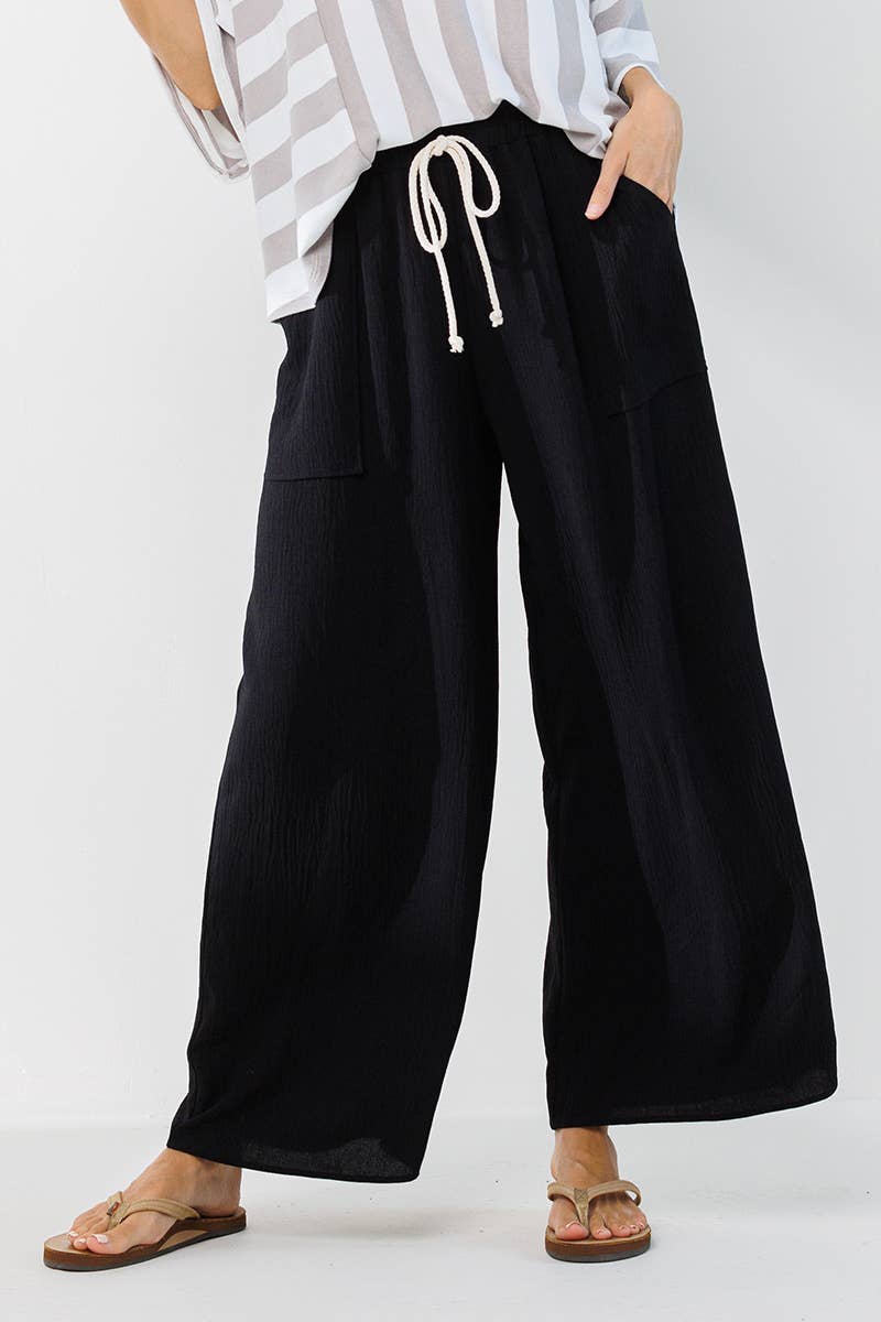 Solid Wide Leg Pants with Pockets - Black
