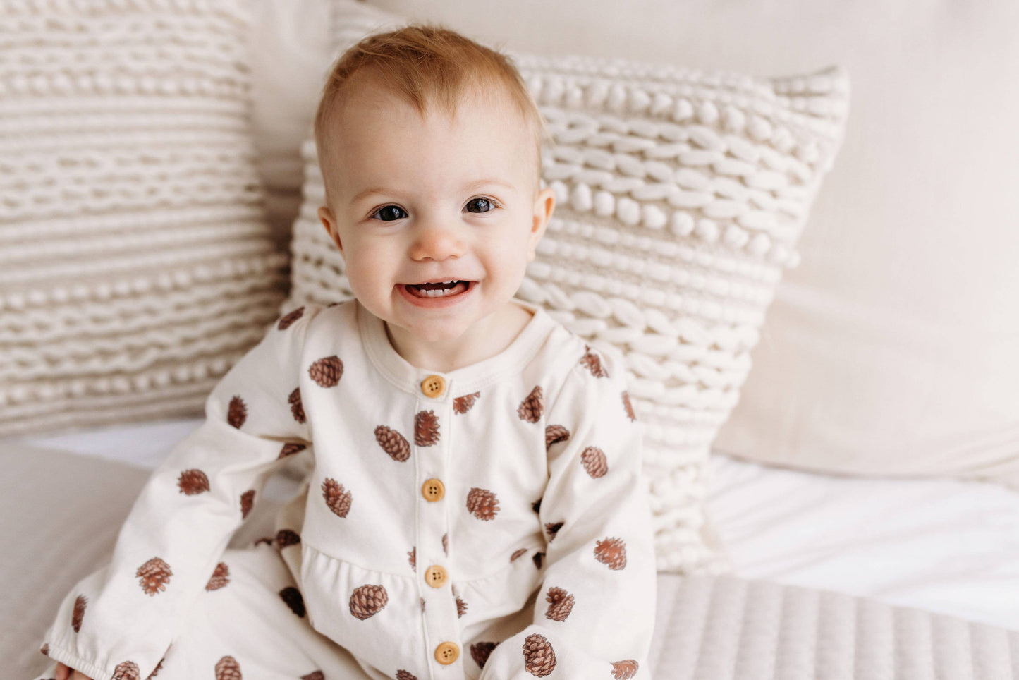 Gathered Button Romper - Pinecones