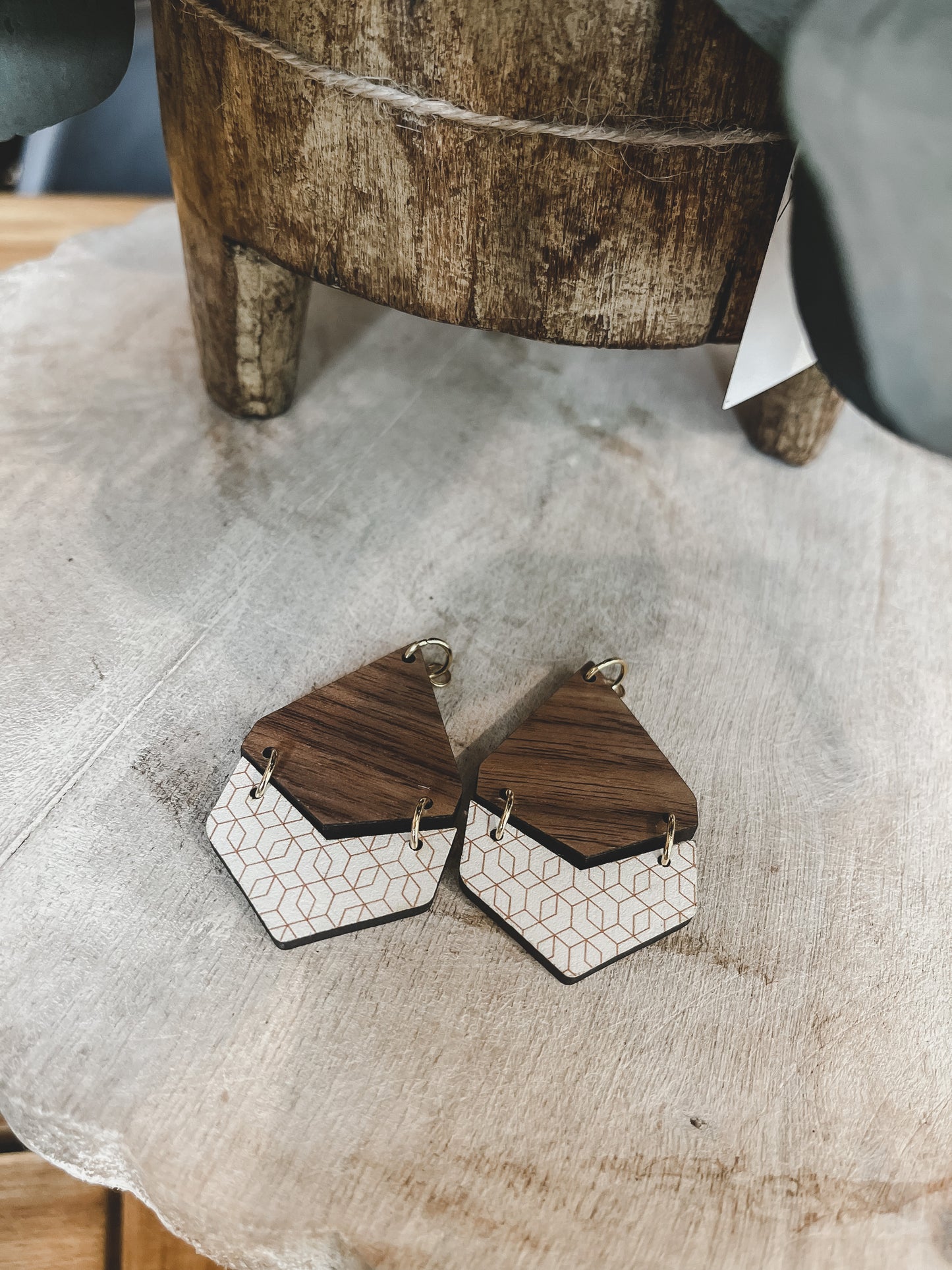 Patterned White/Gold Geometric & Wood